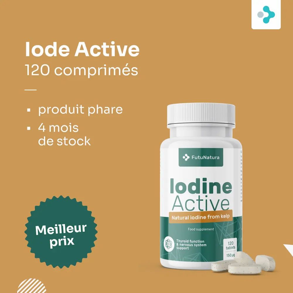 Flacon de produit avec inscription Iode Active, 120 comprimés. Sur fond jaune. Texte: Meilleur prix.
