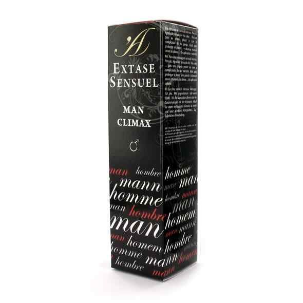 Emballage de vente pour "Extase Sensuel MAN CLIMAX" avec design noir et motif textuel.