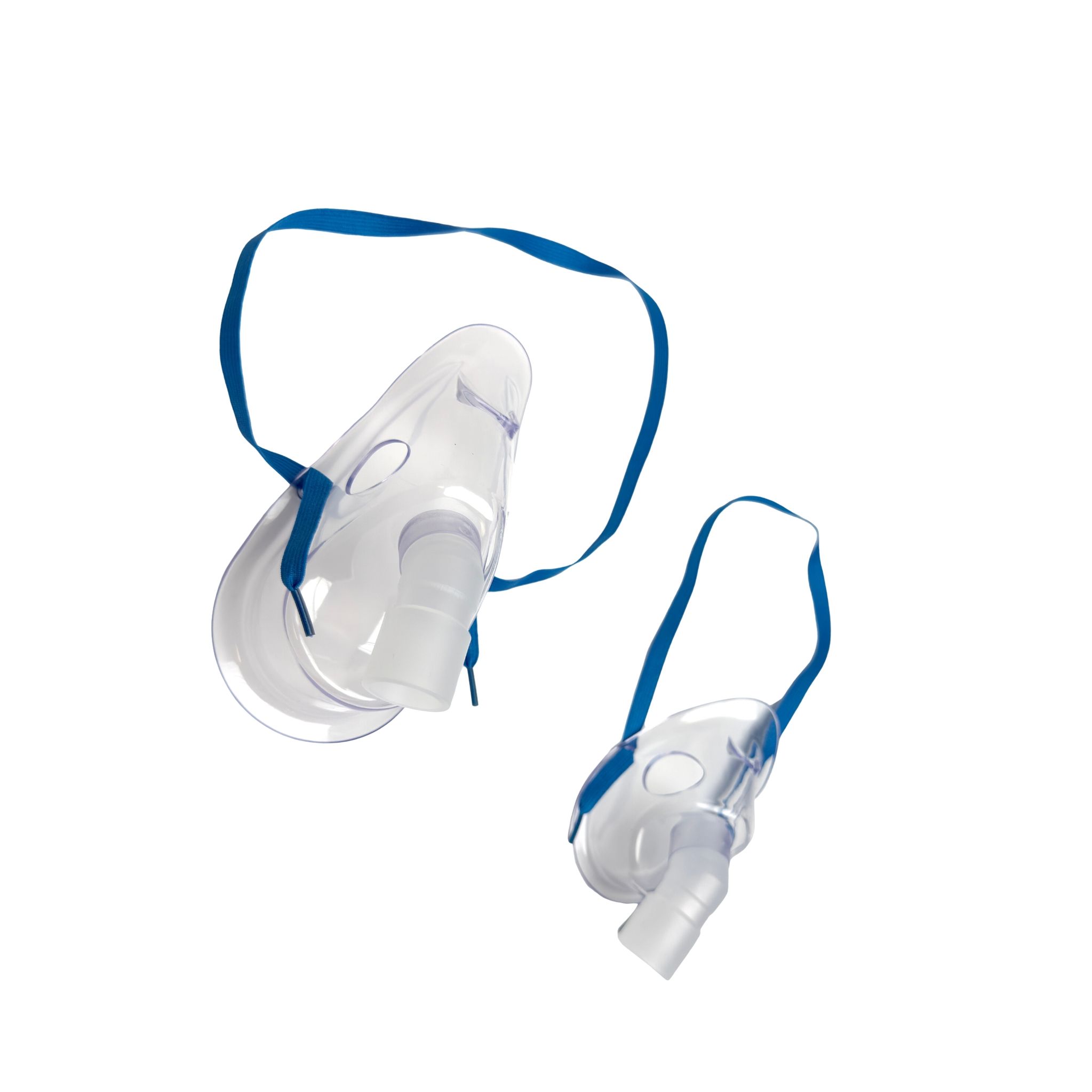 Deux masques d'inhalation avec des sangles bleues.