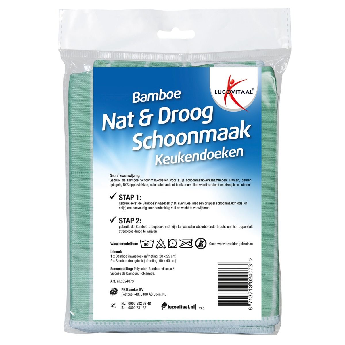 Verpakking met bamboe schoonmaakdoeken. Tekst: 'Bamboe Nat & Droog Schoonmaak Keukendoeken' en 'Lucovitaal'. Groene doeken in plastic verpakking.