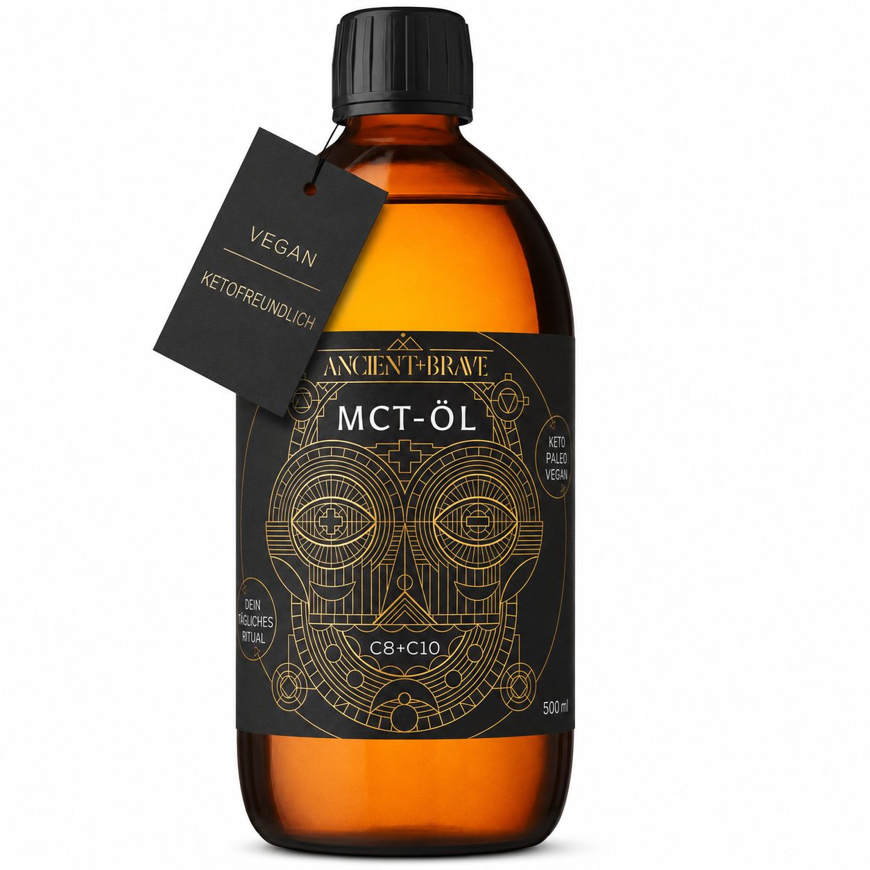 Bouteille en verre brun avec étiquette et bouchon noirs. Contient de l'huile MCT. Une étiquette noire indique 'VEGAN' et 'KETOFREUNDLICH'.