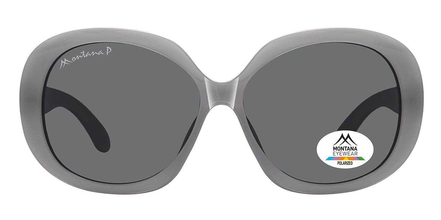 Lunettes de soleil grises avec verres foncés. Logo Montana Eyewear et autocollant de polarisation. Forme ronde, monture large.