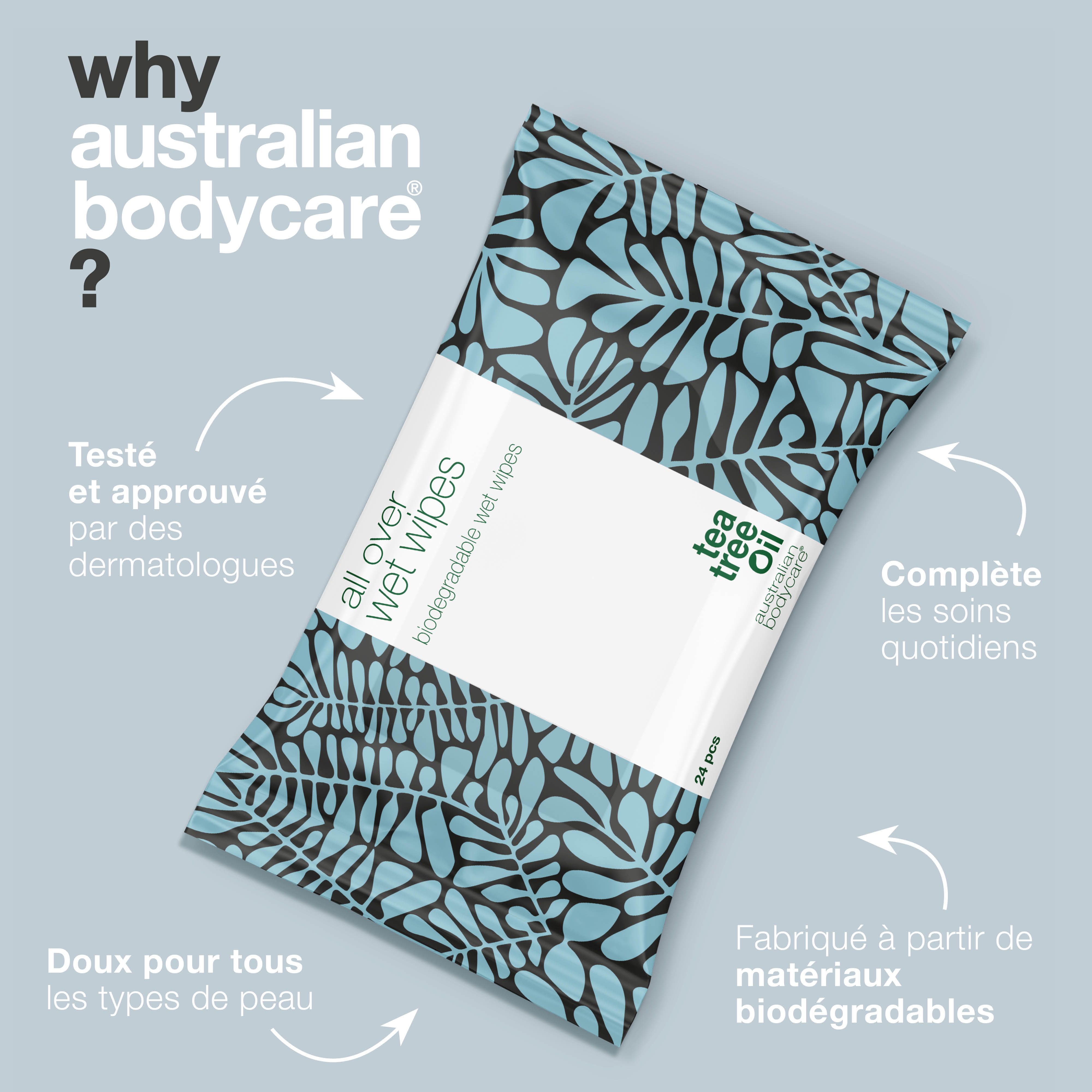 Paquet de lingettes humides à motif de feuilles bleues. Texte : "all over wet wipes". Logo : Australian Bodycare. Texte sur les avantages.