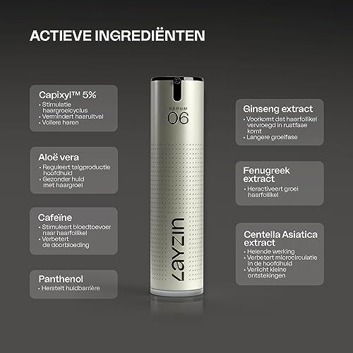 Productfles met ingrediënten. Tekst: Capixyl 5%, Aloë vera, Cafeïne, Panthenol, Ginseng extract.