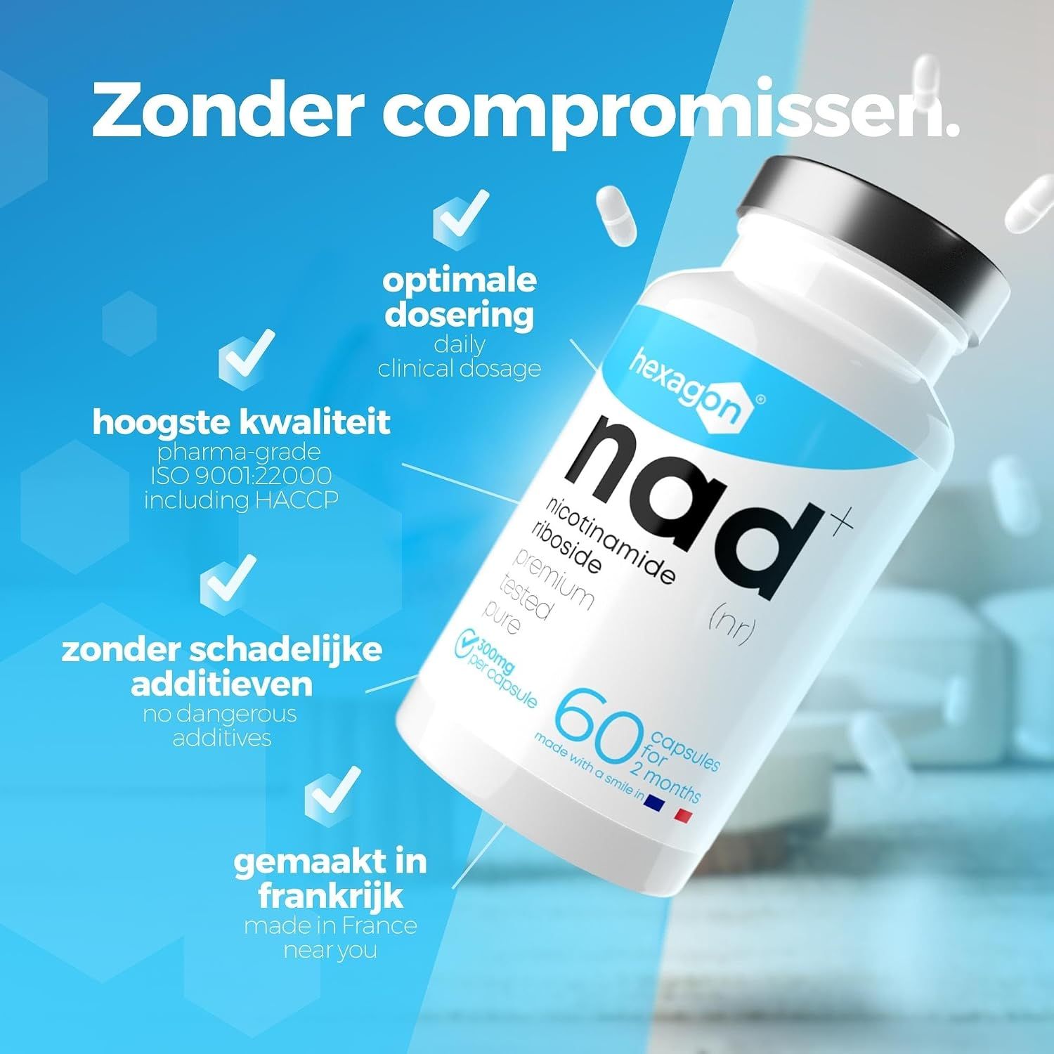 Fles met 60 NAD+ capsules, Nicotinamide Riboside, Premium, Puur, Getest. Gemaakt in Frankrijk.