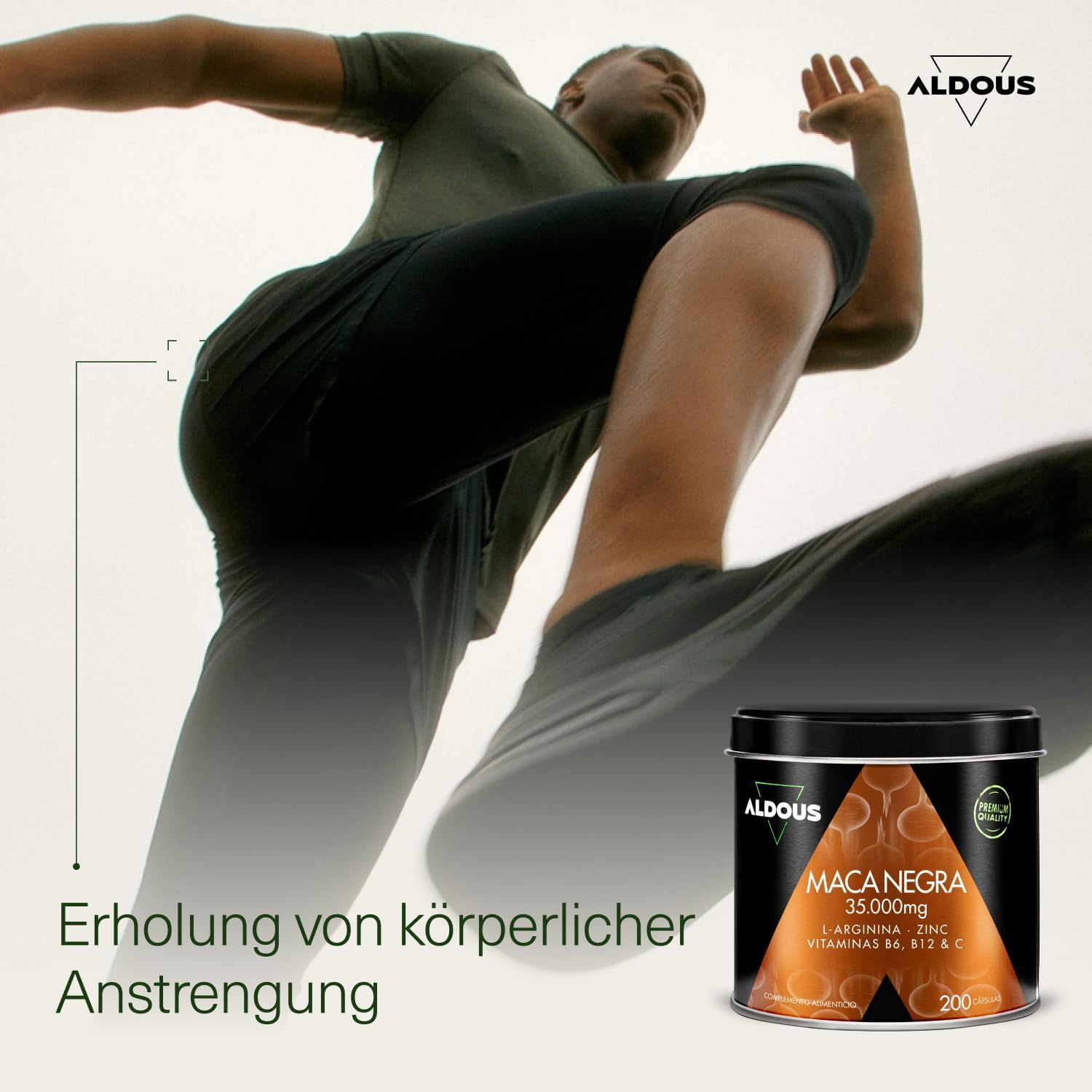 Loper in sprong. Blikje Maca Negra, 35.000 mg. Tekst: Herstel van lichamelijke inspanning.