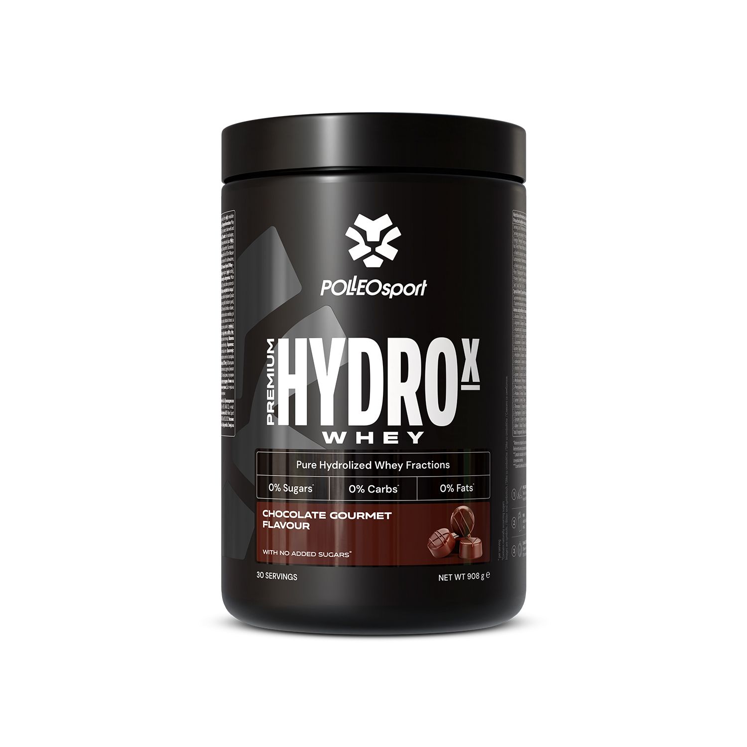 Zwarte pot Polleo HydroX Whey. Opschrift: Premium Hydrowhey, chocoladesmaak. Bevat 0% suiker, 0% koolhydraten, 0% vet.