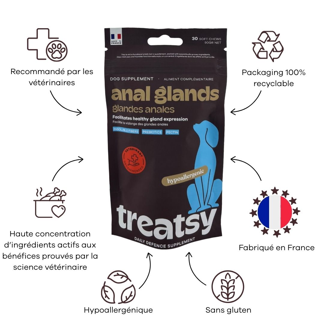 Sachet de complément alimentaire. Texte : Anal Glands, hypoallergénique, sans gluten, fabriqué en France, recommandé par les vétérinaires.