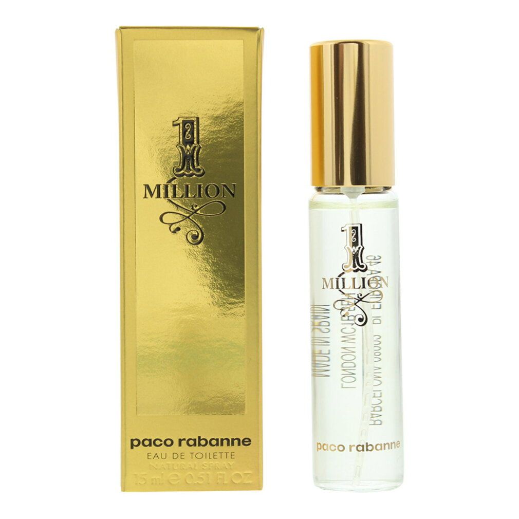 Rabanne 1 Million Eau de Toilette, 15ml. Flacon et boîte dorée avec "1 Million" et inscription Paco Rabanne.