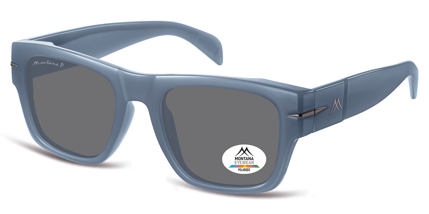 Lunettes de soleil bleues, vue en biais. Un autocollant avec logo et inscription 'Polarized' est visible sur un verre.