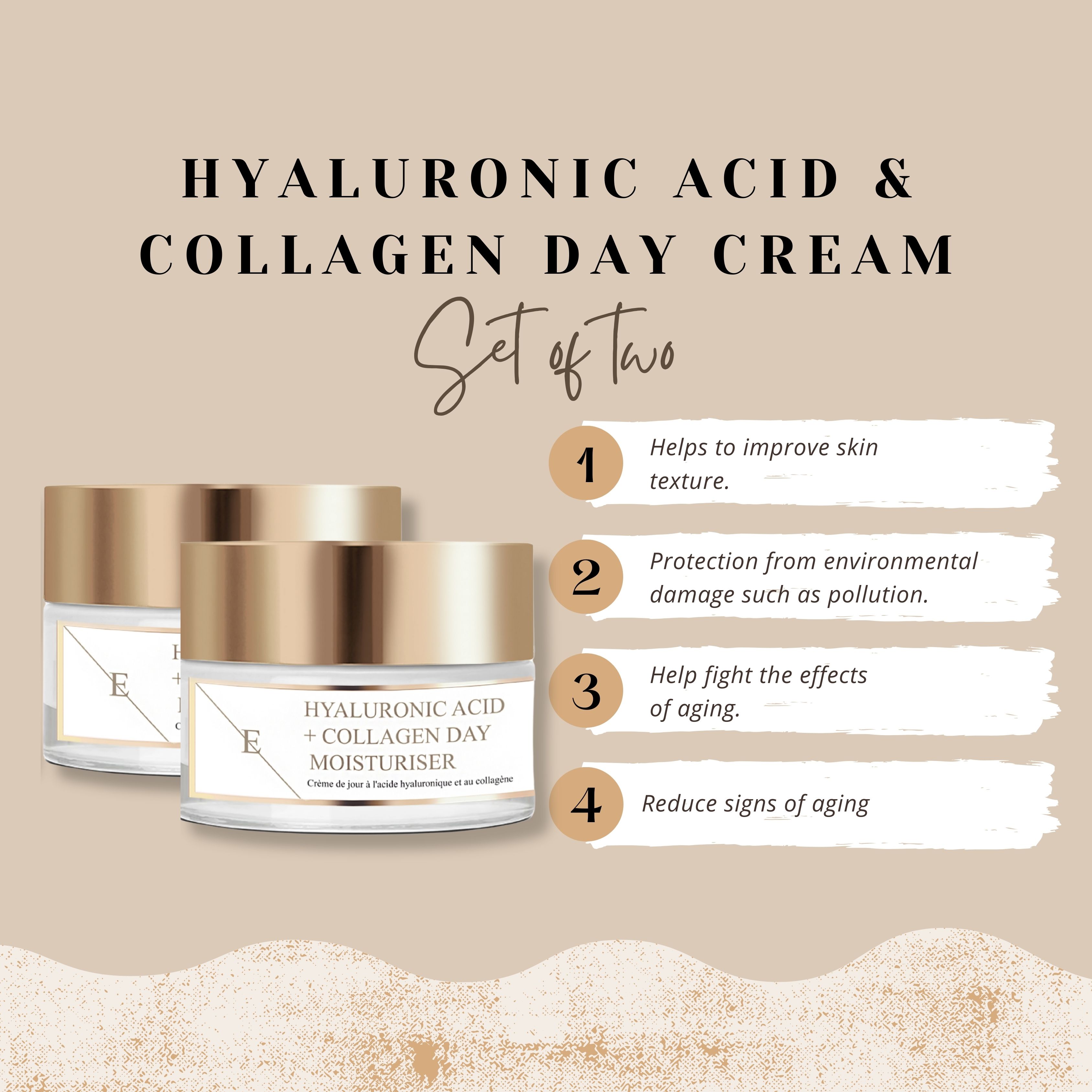 Trois pots de crème de jour avec couvercles dorés. Texte : Hyaluronic Acid & Collagen Day Cream. Set of Two. Avantages.