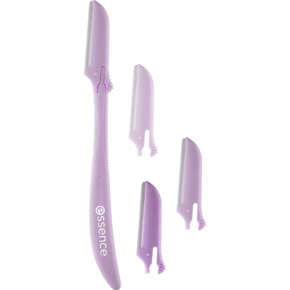 Formateur de sourcils lilas clair avec lame et trois protections. Marque: essence. Manche avec surface striée.