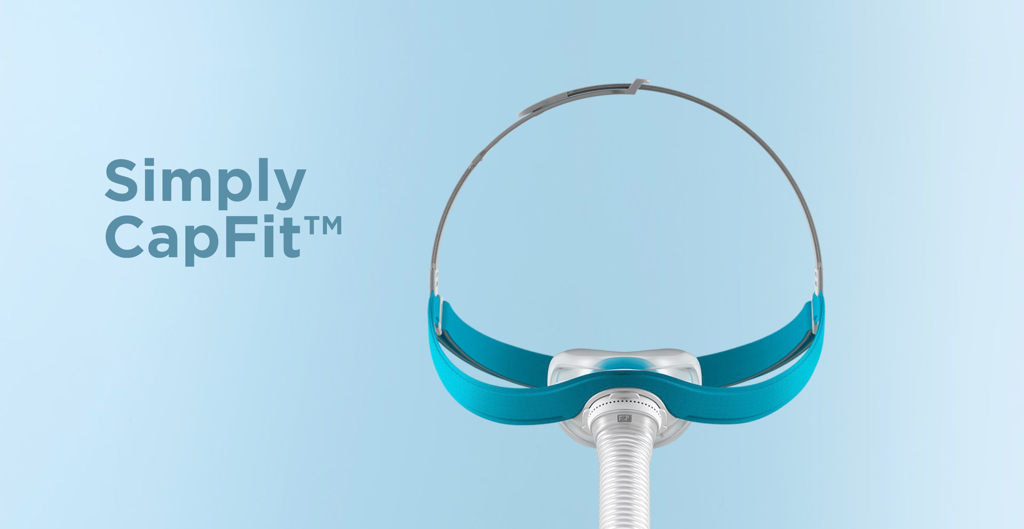 Masque nasal avec bandeau bleu et tube blanc. Texte : Simply CapFit™. Fond bleu.