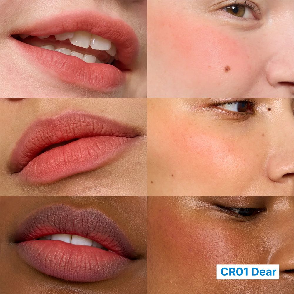 Lippen en wangen op verschillende huidtinten met de tint CR01 Dear.