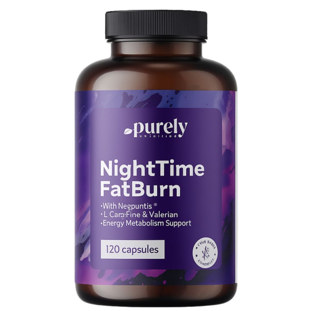 Bruine pot met 120 capsules Purely NightTime FatBurn. Paars design met plantenmotieven.