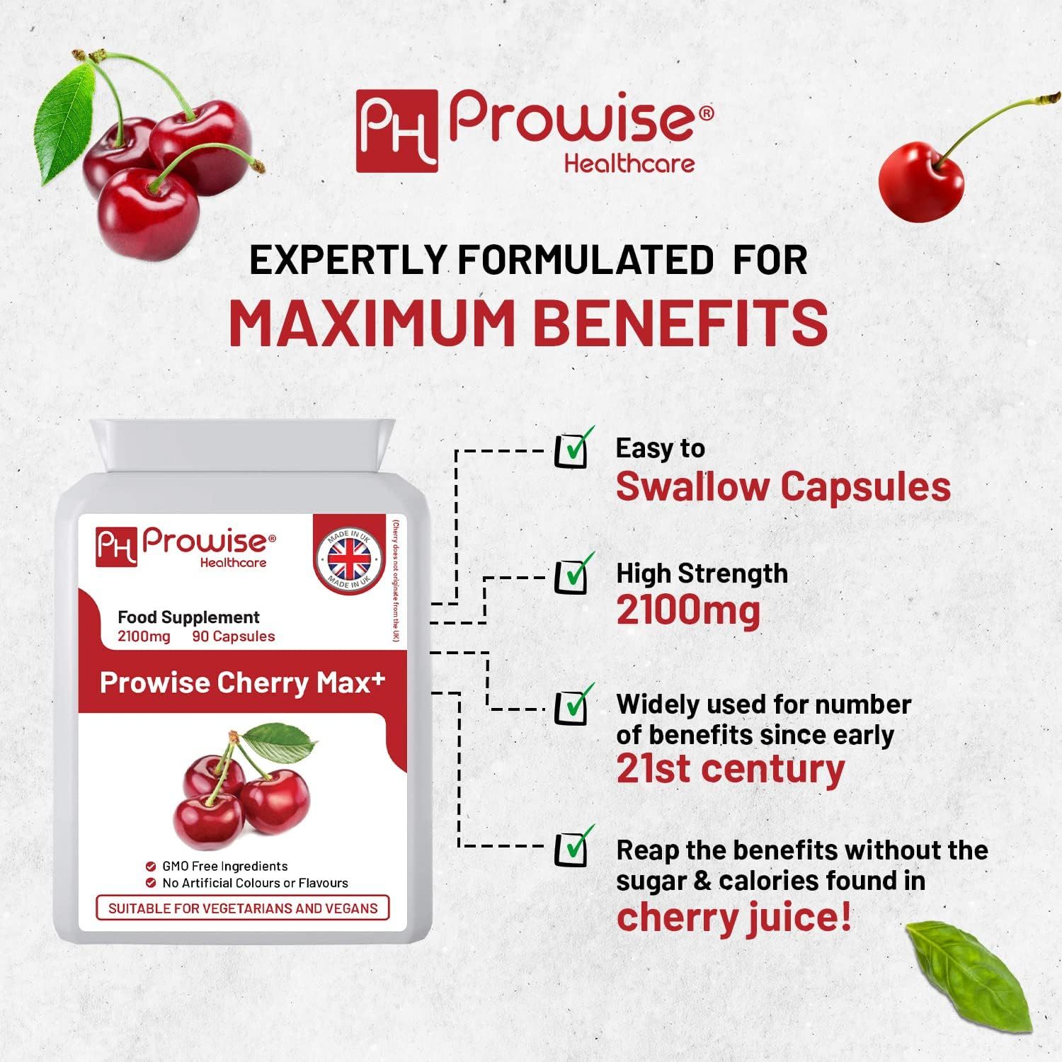 Emballage de produit avec capsules. Inscription: Prowise Cherry Max+. Contient 90 capsules. Fabriqué au Royaume-Uni. Végétarien et végétalien. Avantages.