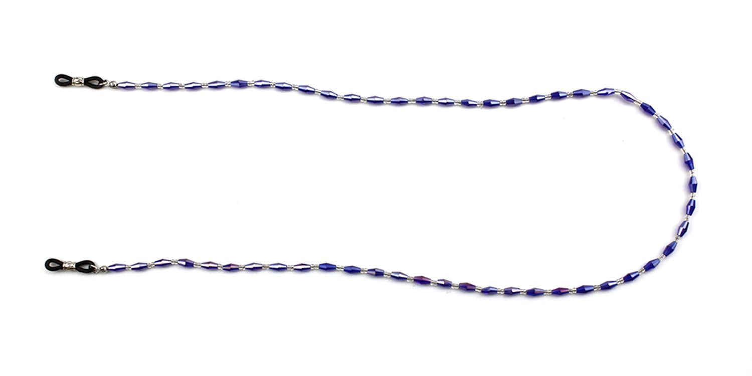 Brillenketting met blauwe kralen. Zwarte rubberen lussen aan beide uiteinden voor bevestiging aan de bril.