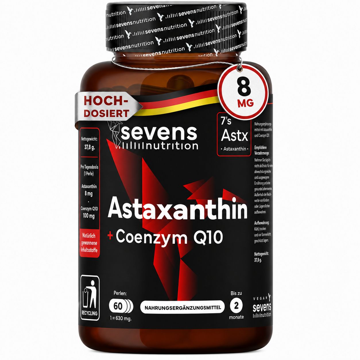 Bruine pot met Astaxanthine + Co-enzym Q10 capsules. 8 mg astaxanthine, 60 capsules.