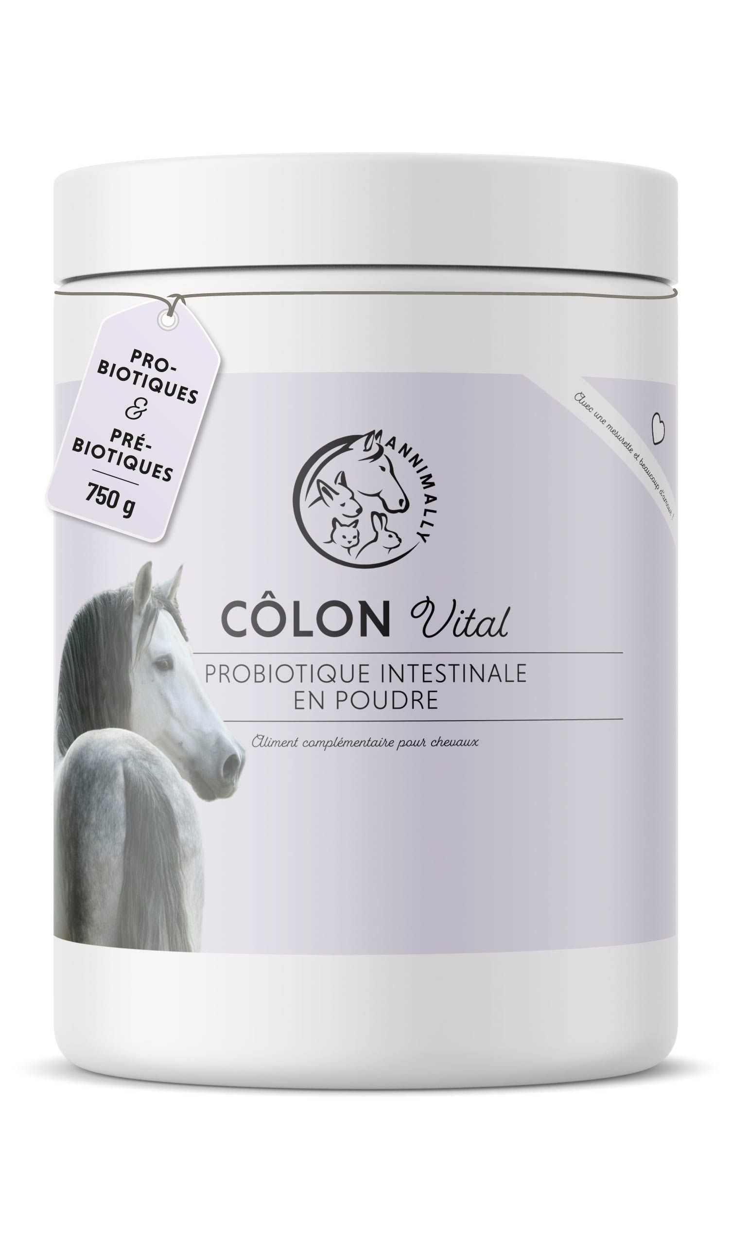 Pot blanc. Inscription: Colon Vital, Probiotique Intestinale en Poudre. 750 g. Image de cheval. Étiquette: Probiotiques & Prébiotiques.