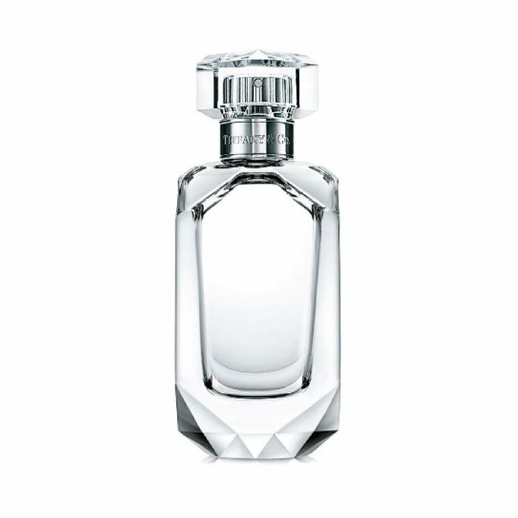 Flacon de parfum transparent, base et bouchon facettés. Col argenté avec inscription "Tiffany & Co.".