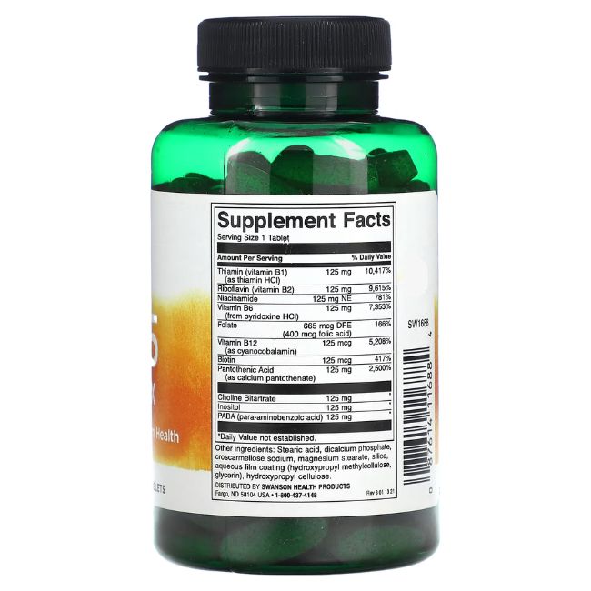 Achteraanzicht van een groene fles met tabletten. Opschrift: Supplement Facts. Ingrediënten en voedingsinformatie.