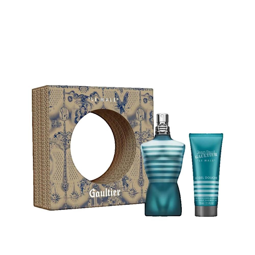 Geschenkdoos met fles en douchegel. Fles in de vorm van een torso. Douchegel tube. Doos met patroon en tekst.