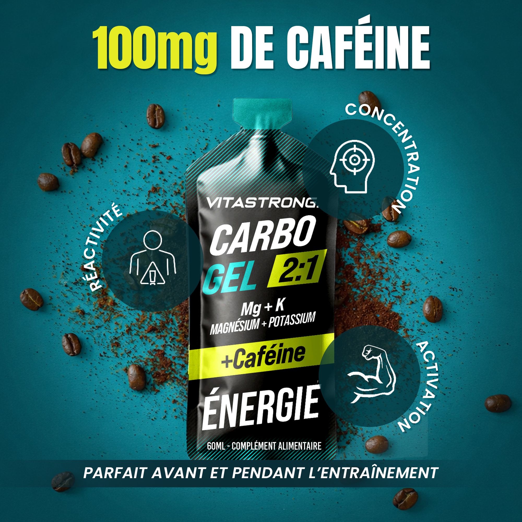 Vitastrong Carbo Gel 2:1 + Koffein. Gelverpakking. Tekst: Carbo Gel 2:1, Mg + K, Magnesium + Kalium + Cafeïne, Energie. Koffiebonen, symbolen.