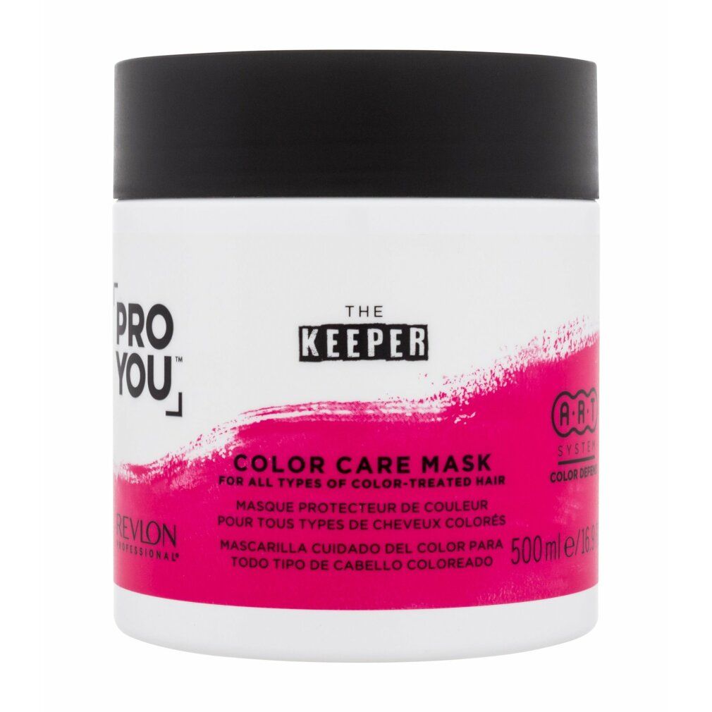 Pot blanc à couvercle noir. Inscription: Pro You, The Keeper, Color Care Mask. Dégradé rose. 500ml.