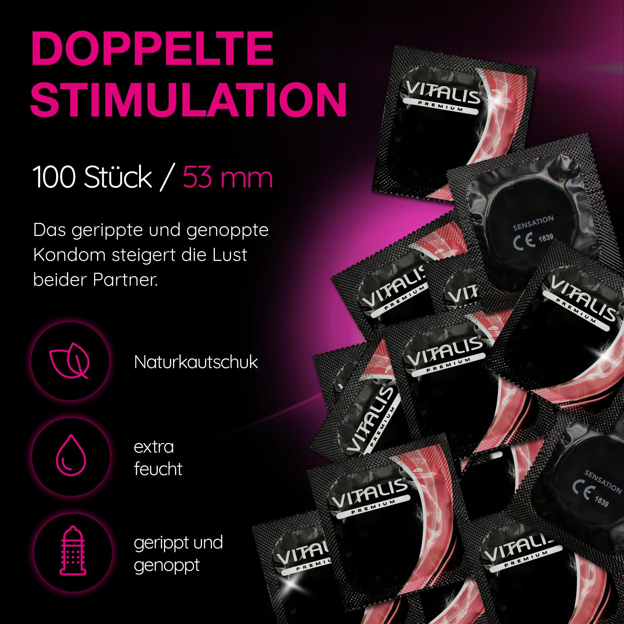 Vitalis Sensation condooms: 100 stuks, 53mm. Geribbeld en met nopjes voor dubbele stimulatie.