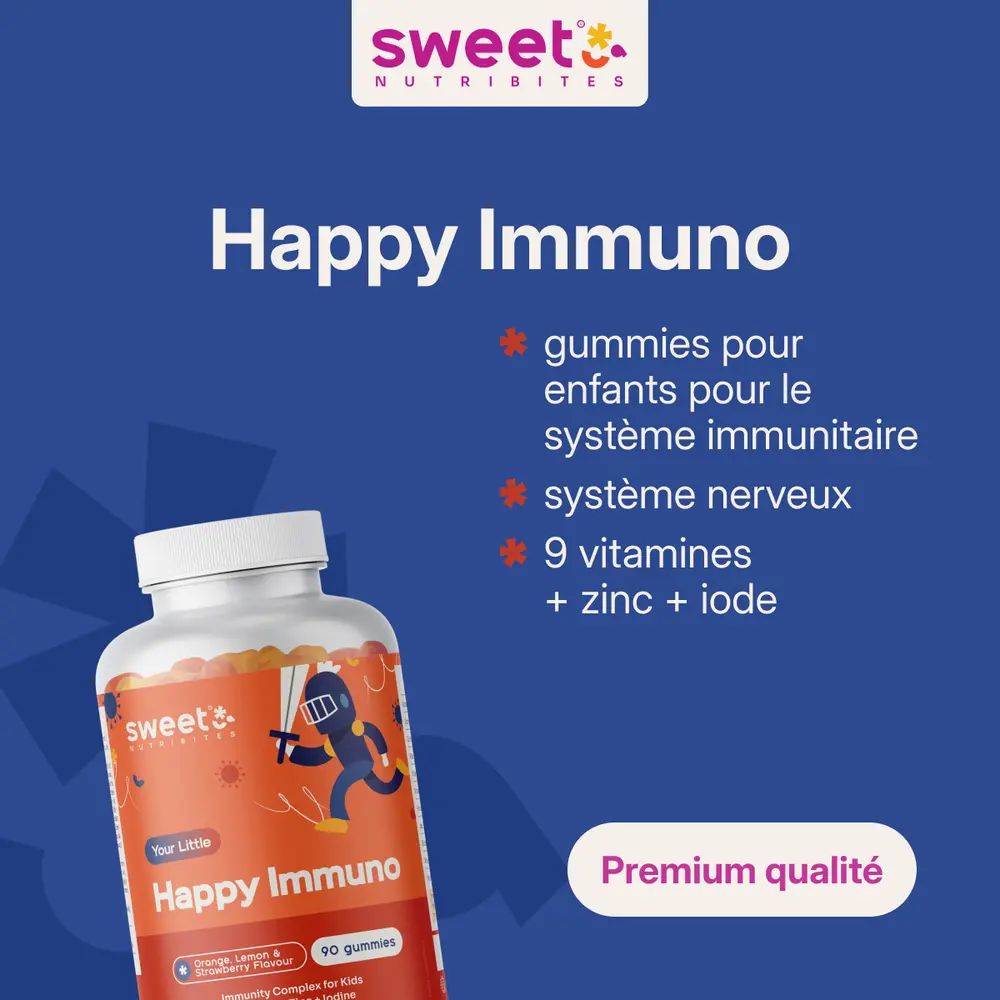 Bouteille Happy Immuno. Étiquette avec nom du produit et illustration. 90 gommes. Fond bleu.