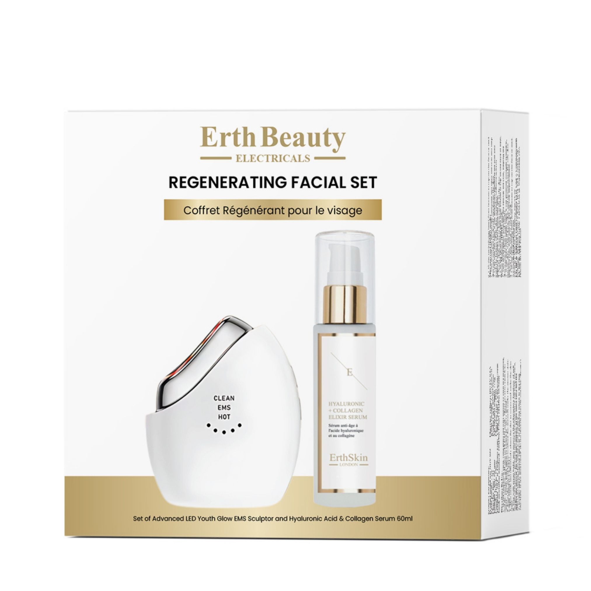 Coffret cadeau ErthSkin. Appareil blanc, accents argentés, et sérum. Inscription: Regenerating Facial Set, Coffret Régénérant pour le visage.