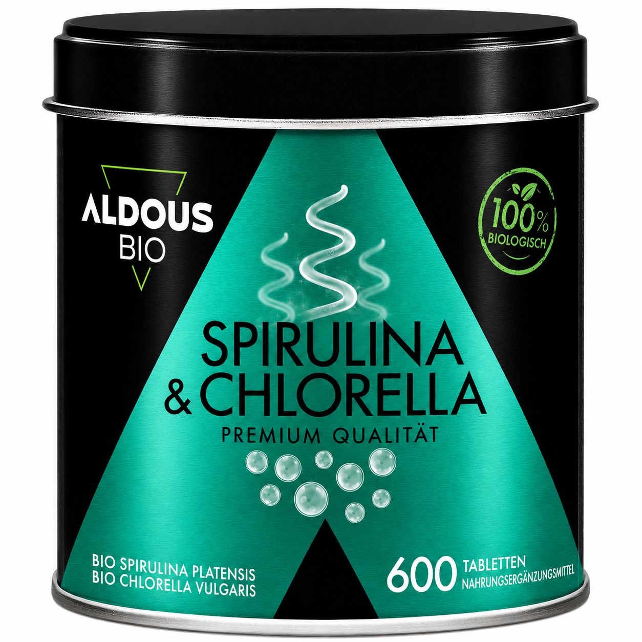 Aldous Spirulina + Chlorella blik, 600 tabletten, Bio Spirulina Platensis, Bio Chlorella Vulgaris.
