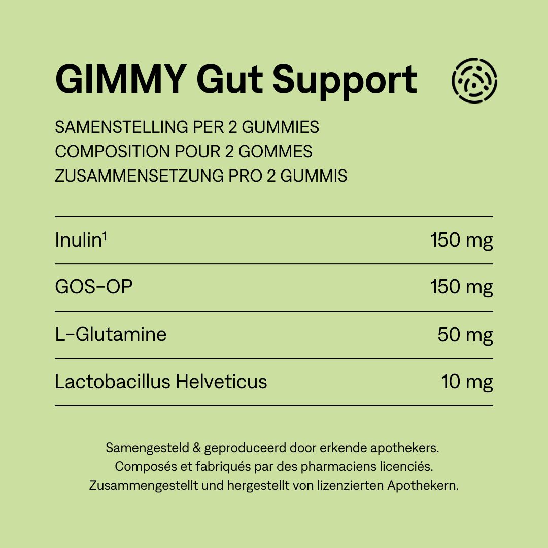 GIMMY Gut Support. Ingrediënten per 2 gummies: Inuline, GOS-OP, L-Glutamine, Lactobacillus Helveticus. Gemaakt door apothekers.