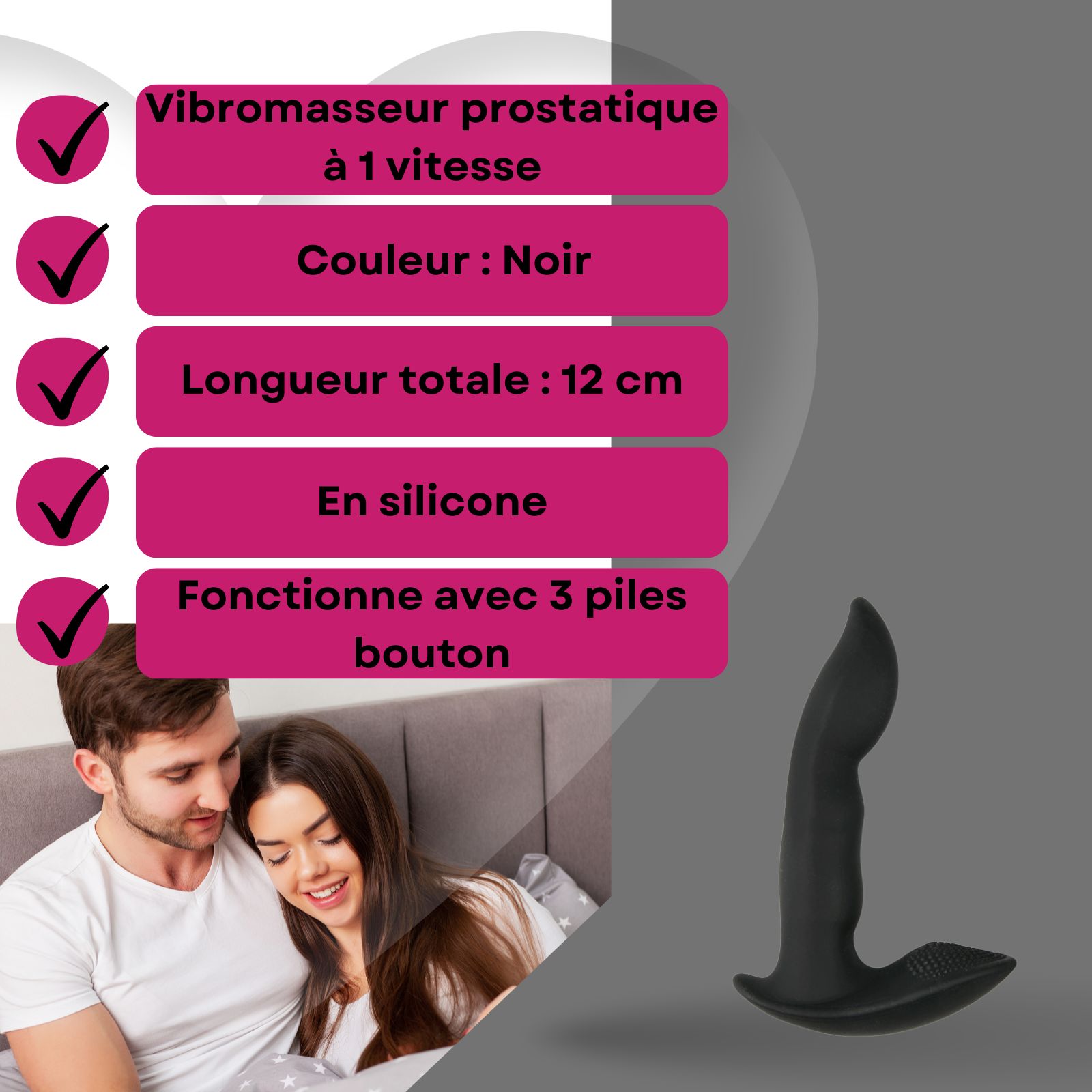 Vibrateur noir en forme de L. Texte sur bannière : 12cm, silicone, piles.