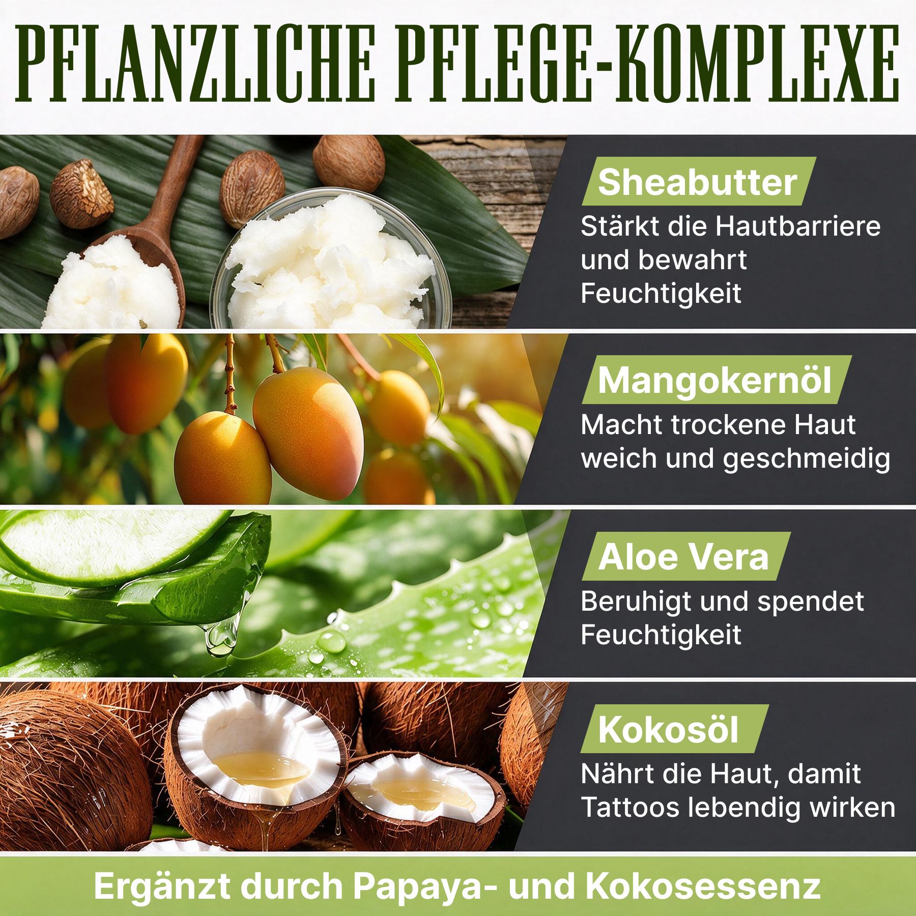 Huidverzorgingscomplexen voor tatoeages: sheaboter, mangopitolie, aloë vera, kokosolie.