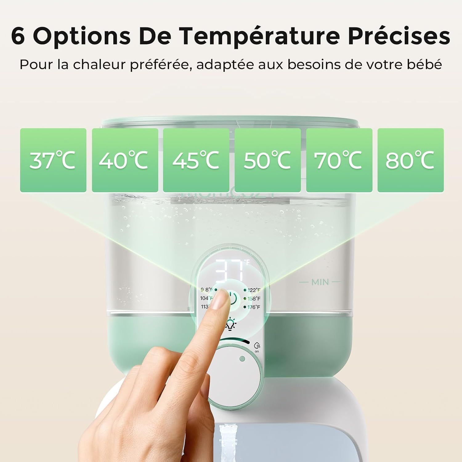 Biberon chauffe-biberon avec écran numérique et six réglages de température : 37°C, 40°C, 45°C, 50°C, 70°C, 80°C.