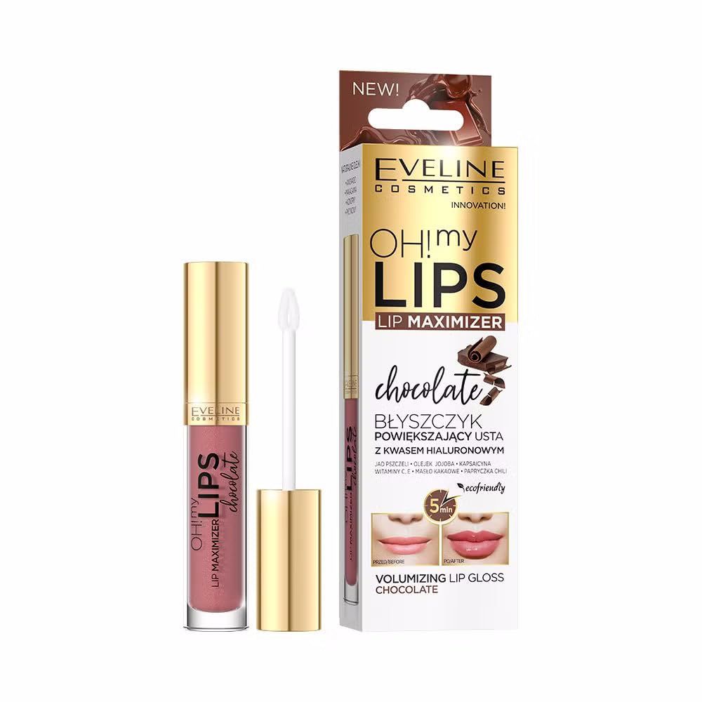 Eveline Cosmetics Oh! My Lips Lip Maximizer Chocolate. Gloss à lèvres avec emballage. Effet avant-après.