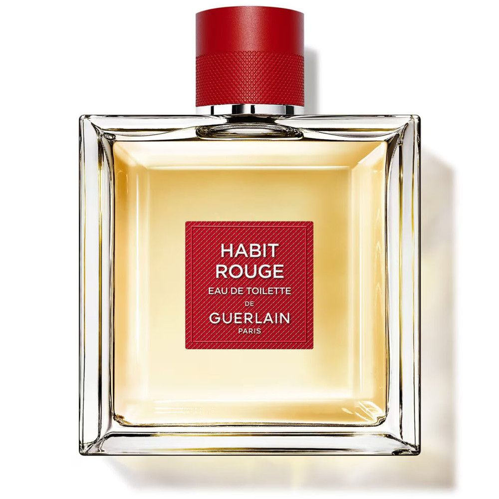 Vierkante glazen flacon met rode dop. Rood etiket met witte tekst: Habit Rouge, Eau de Toilette, de Guerlain.
