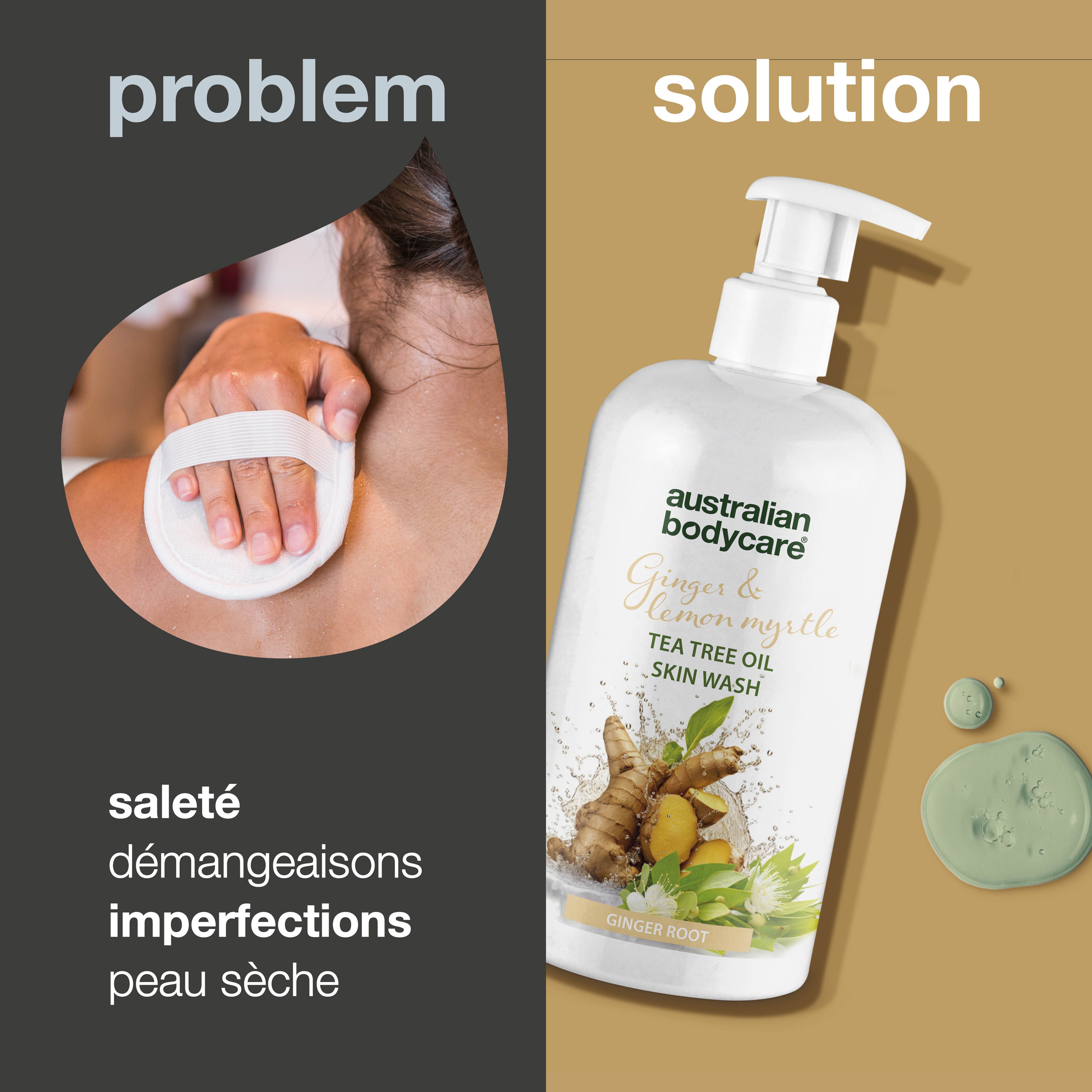 Flacon de produit et personne. Texte : Problème, solution. Inscription : Australian Bodycare, Ginger & Lemon Myrtle, Tea Tree Oil Skin Wash.