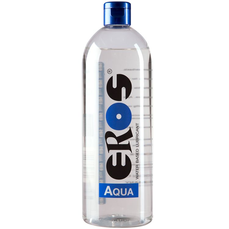 Eros Aqua glijmiddel op waterbasis in een doorzichtige fles met blauwe dop.