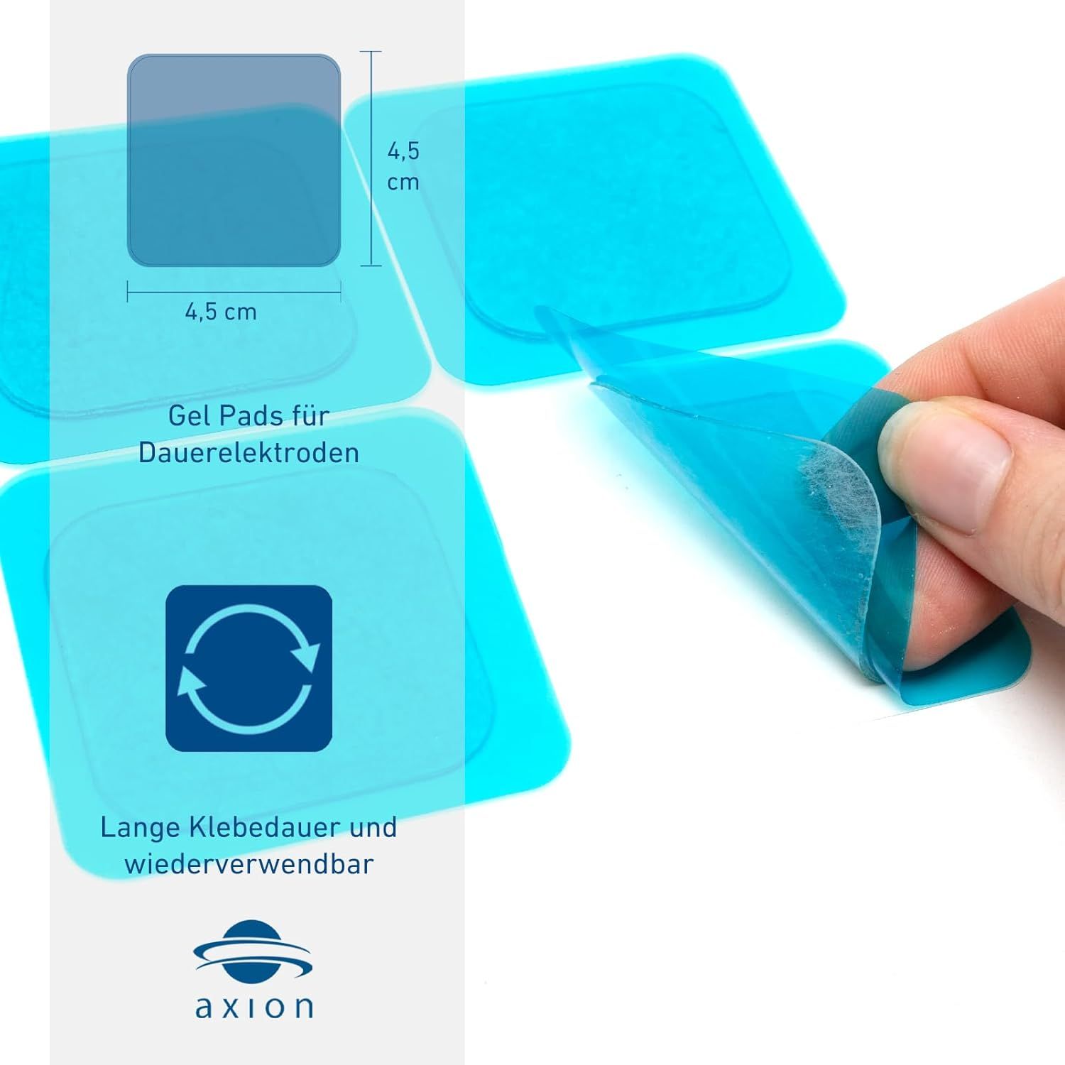 Coussinets de gel avec dimensions (4,5 x 4,5 cm). Film protecteur bleu. Logo axion.