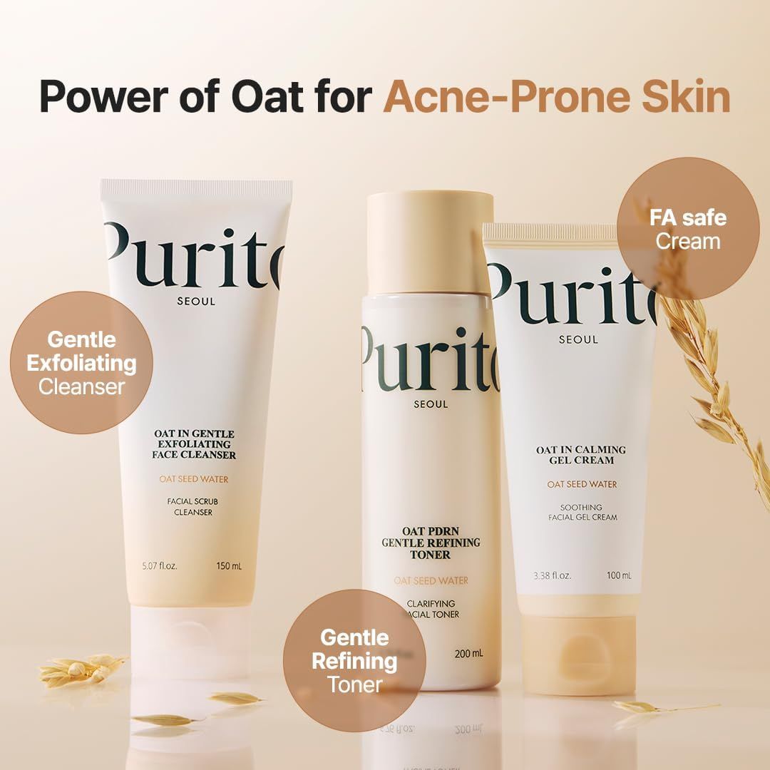 Drie producten: toner, reiniger en crème. Opschrift: "Purito".