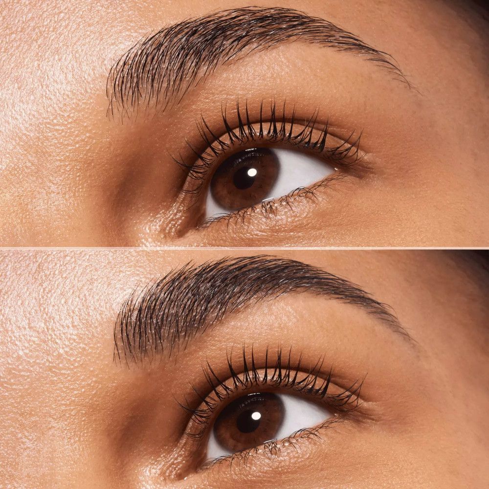 Partie des yeux avec sourcils, avant et après application. Yeux bruns, sourcils foncés.