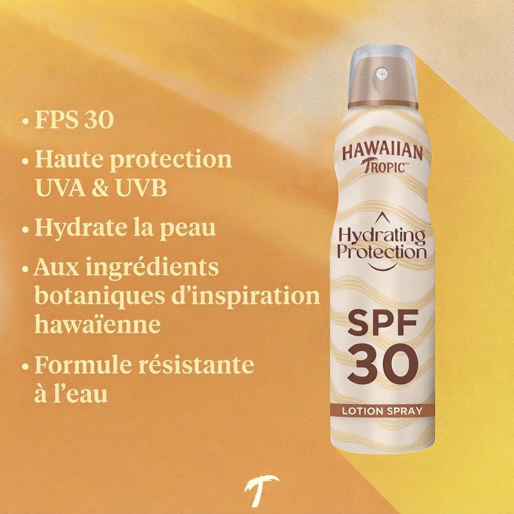 Spray lotion solaire Hawaiian Tropic FPS 30, hydratant, résistant à l'eau.