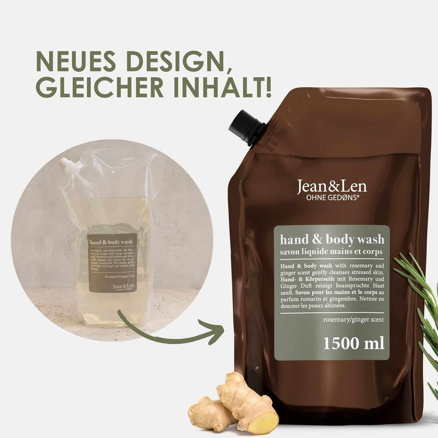 Recharge marron avec bouchon noir. Inscription: Jean & Len, Hand & Body Wash, romarin & gingembre. 1500 ml.