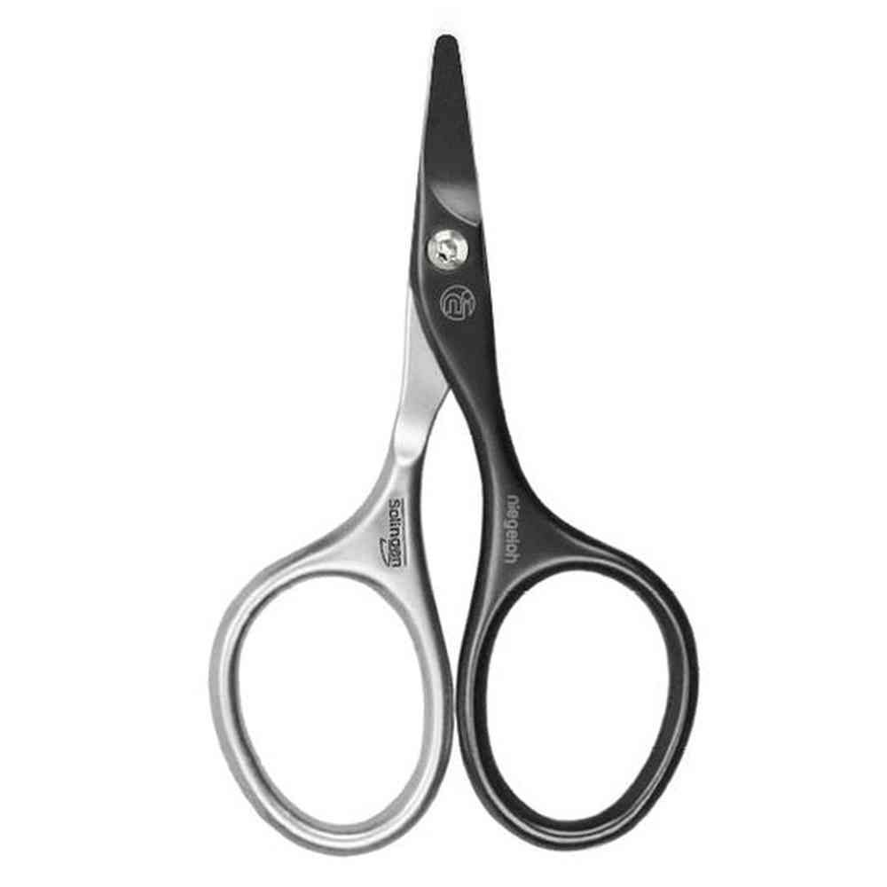Zwarte babyschaar met afgeronde punten. Merk Niegeloh Solingen. Zilverkleurige metalen handgrepen. Gebogen vorm.