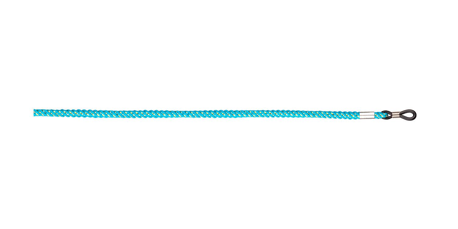 Cordon de lunettes turquoise. Corde tressée avec extrémité métallique et boucle pour branches.