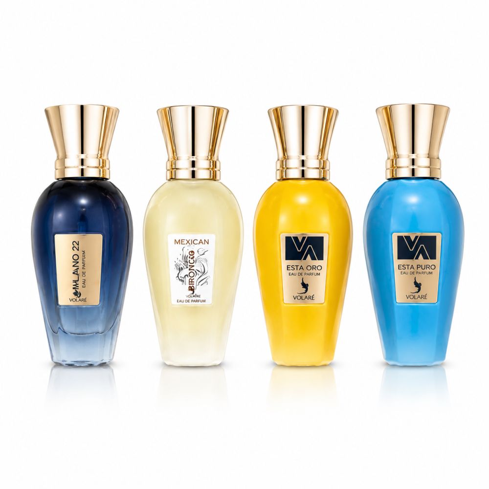 Flacons d'Eau de Parfum Volaré : Quatre flacons de couleurs différentes (bleu, jaune, blanc) avec des bouchons dorés.