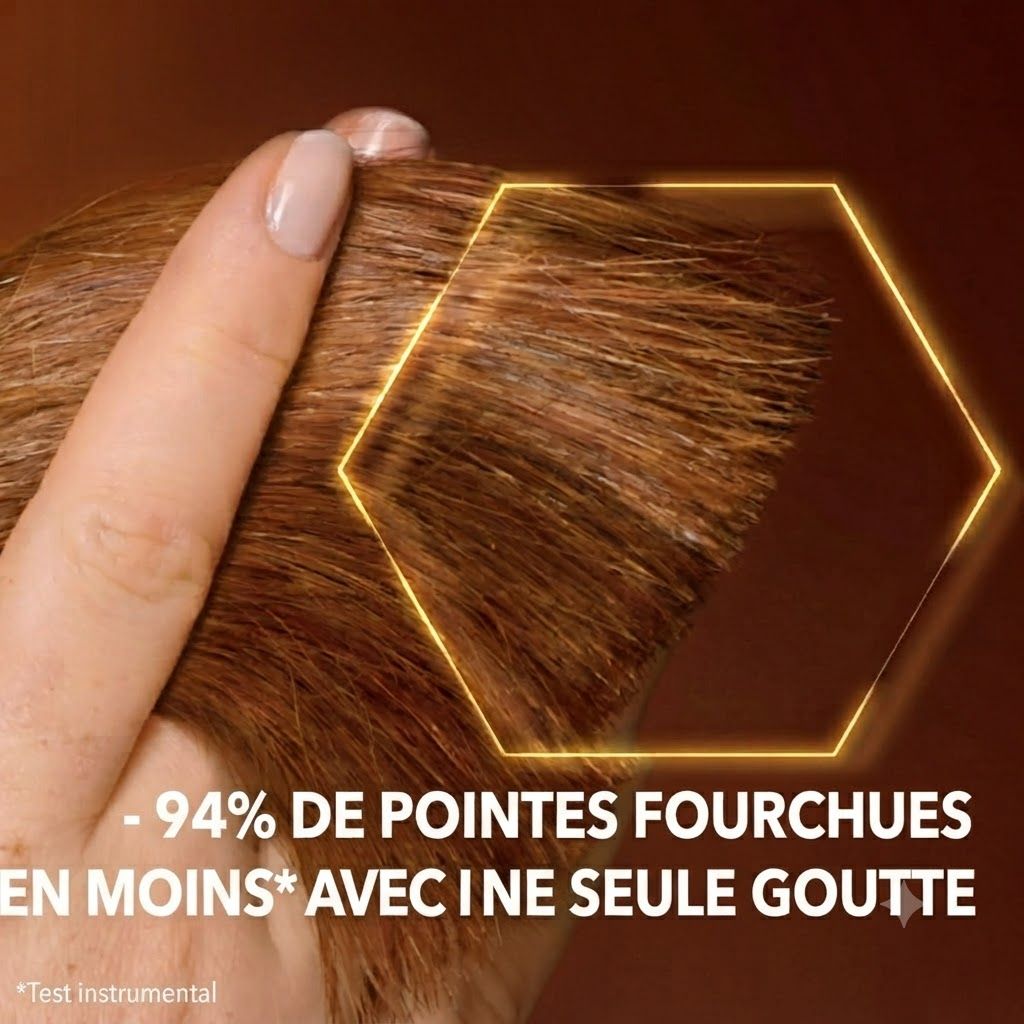 Gros plan sur des cheveux bruns tenus par une main. Un hexagone jaune superpose les pointes. Texte : -94% de pointes fourchues en moins avec une seule goutte.