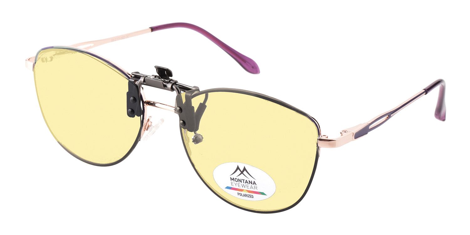 Lunettes de soleil avec verres jaunes et clip-on. Logo Montana Eyewear. Branches de lunettes.
